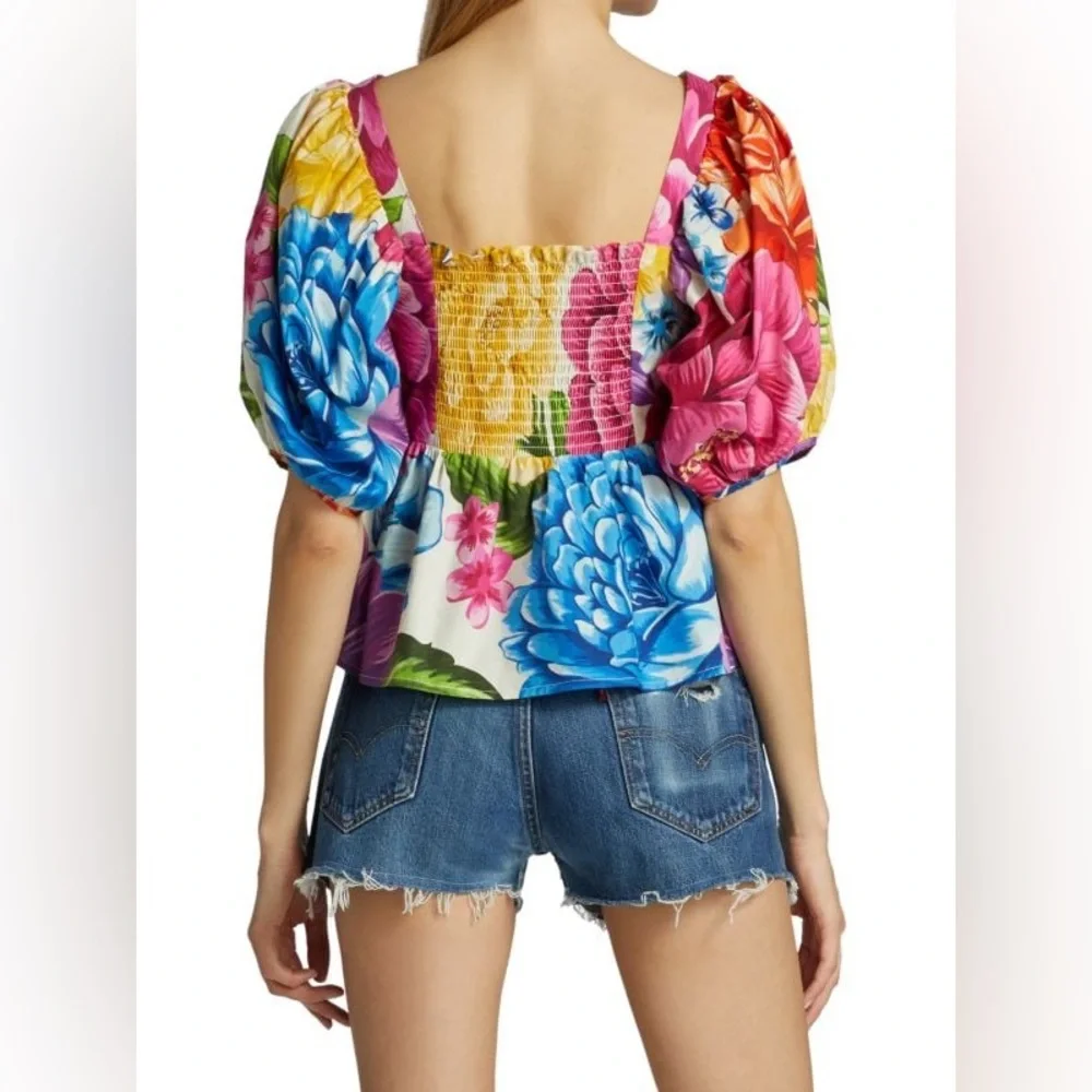 FARM Rio Rainbow Chita Floral Blouse Square Neck Puff Sleeve Boho Top | Size XS